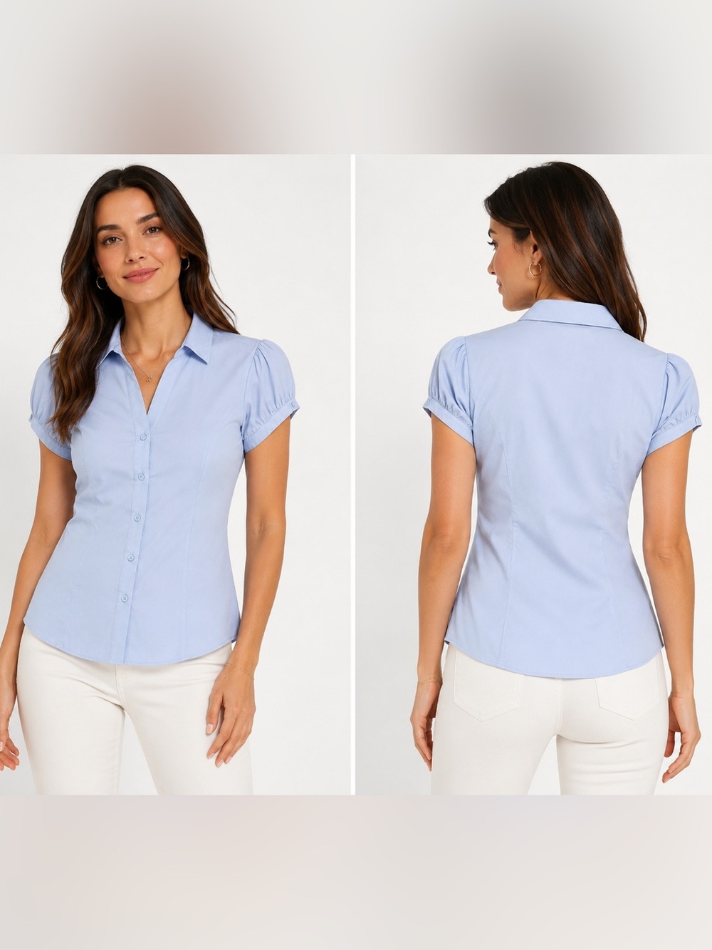 Classic Short-Sleeve Button Front Blouse - Light Blue